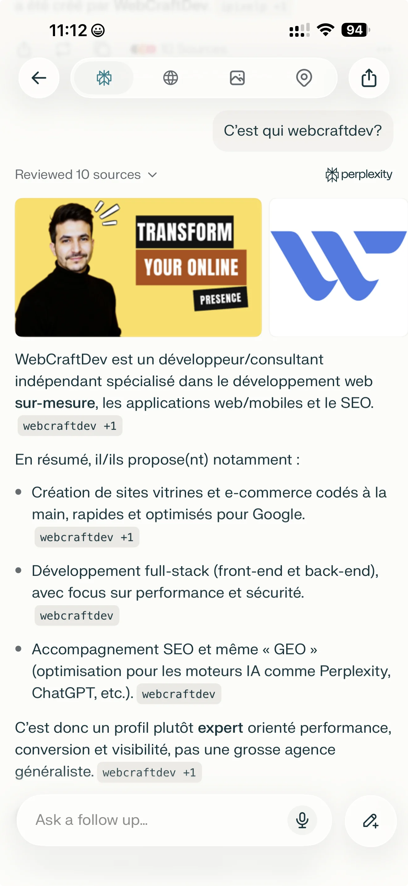 Capture Perplexity AI décrivant WebCraftDev comme expert en SEO GEO et performance web