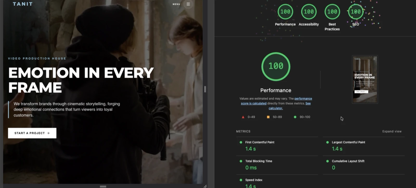 Site Tanit Studio développé par WebCraftDev avec score Lighthouse 100 sur 100