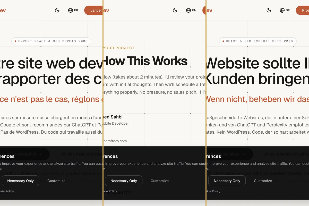 WebCraftDev-Site geliefert in Französisch, Englisch und Deutsch mit eigenständigem Inhalt pro Sprache