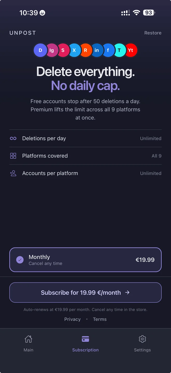 Unpost App auf iPhone, Massenlöschung von Nachrichten auf Discord, Slack, Twitter, Reddit und Instagram