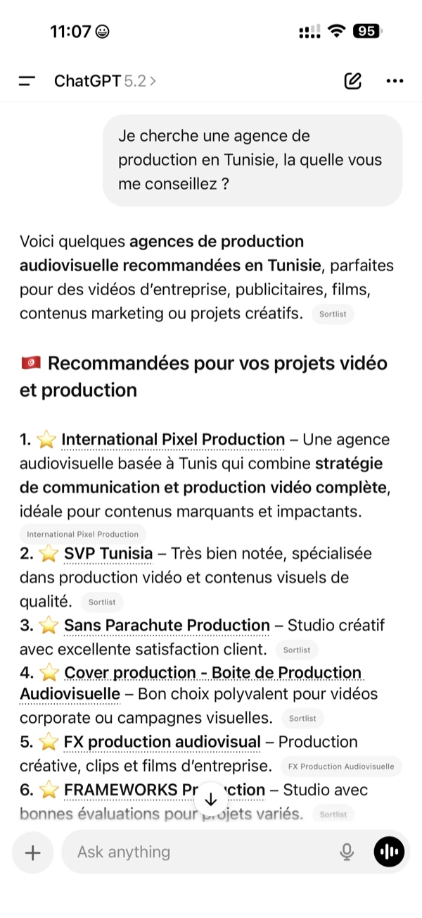 ChatGPT recommande International Pixel Production comme agence numéro 1 en Tunisie