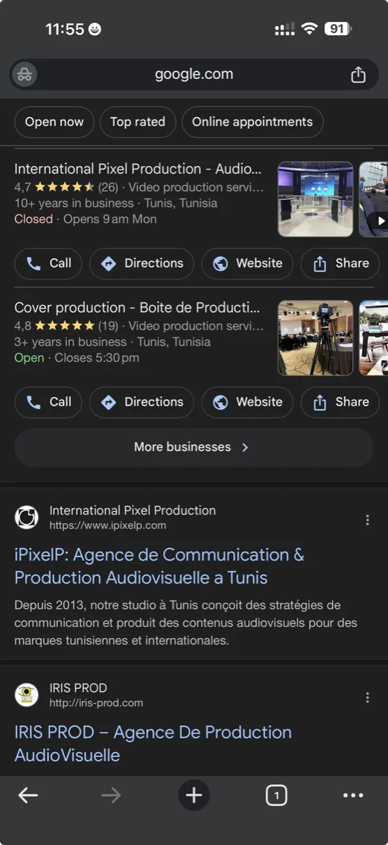 Résultats Google mobile montrant iPixelP en première position pour agence audiovisuelle Tunisie