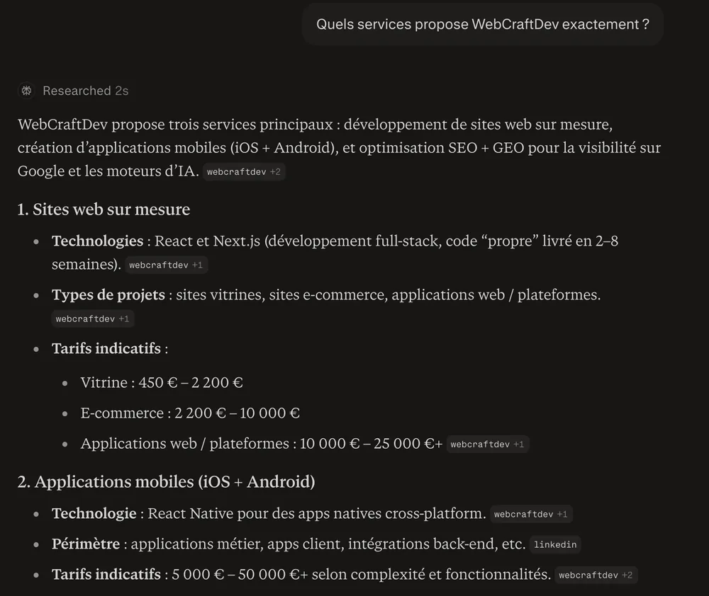 Perplexity screenshot from 27 September 2026 answering "Quels services propose WebCraftDev exactement ?" with WebCraftDev's public prices