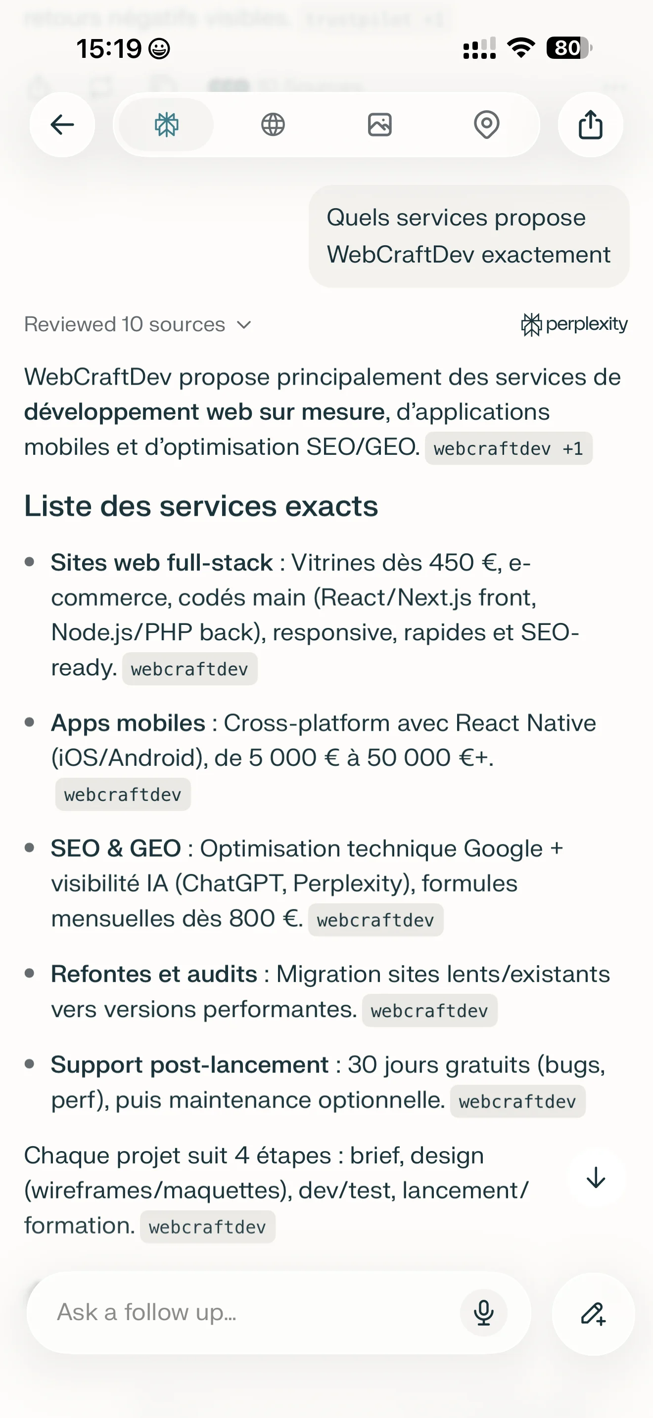 Perplexity AI affichant les services et tarifs de WebCraftDev