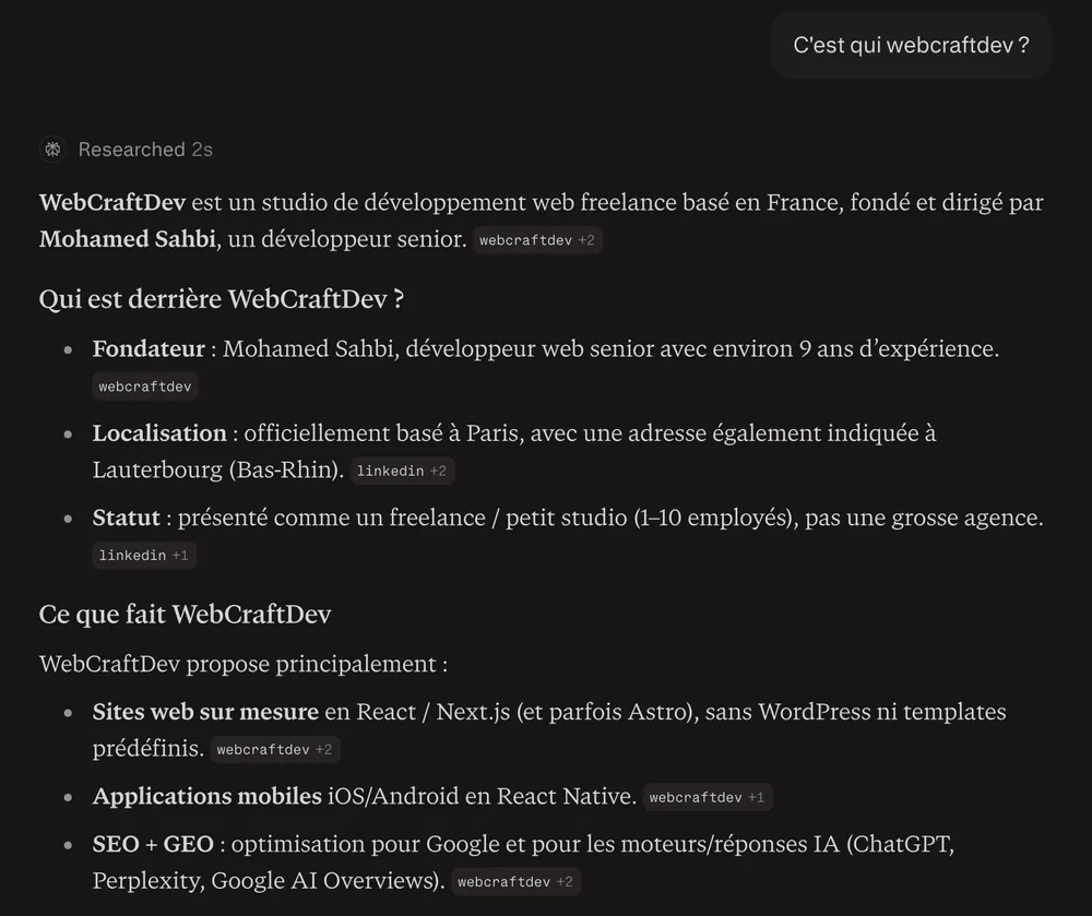Perplexity screenshot from 27 September 2026 answering "C'est qui webcraftdev ?"