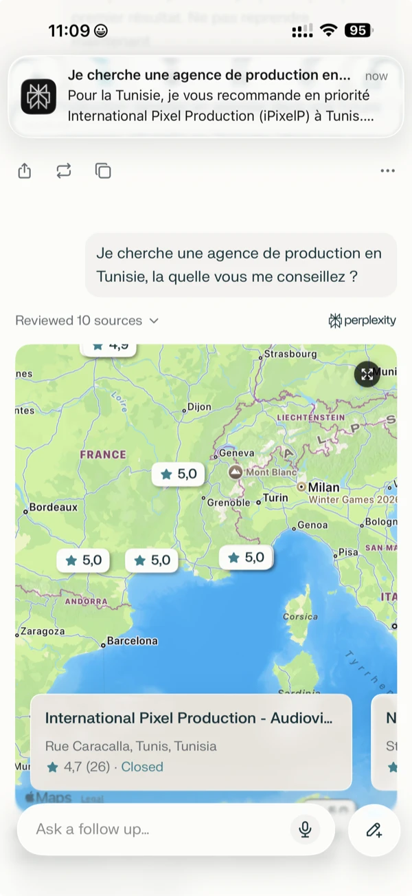 Perplexity recommande iPixelP comme premier choix pour agence de production en Tunisie