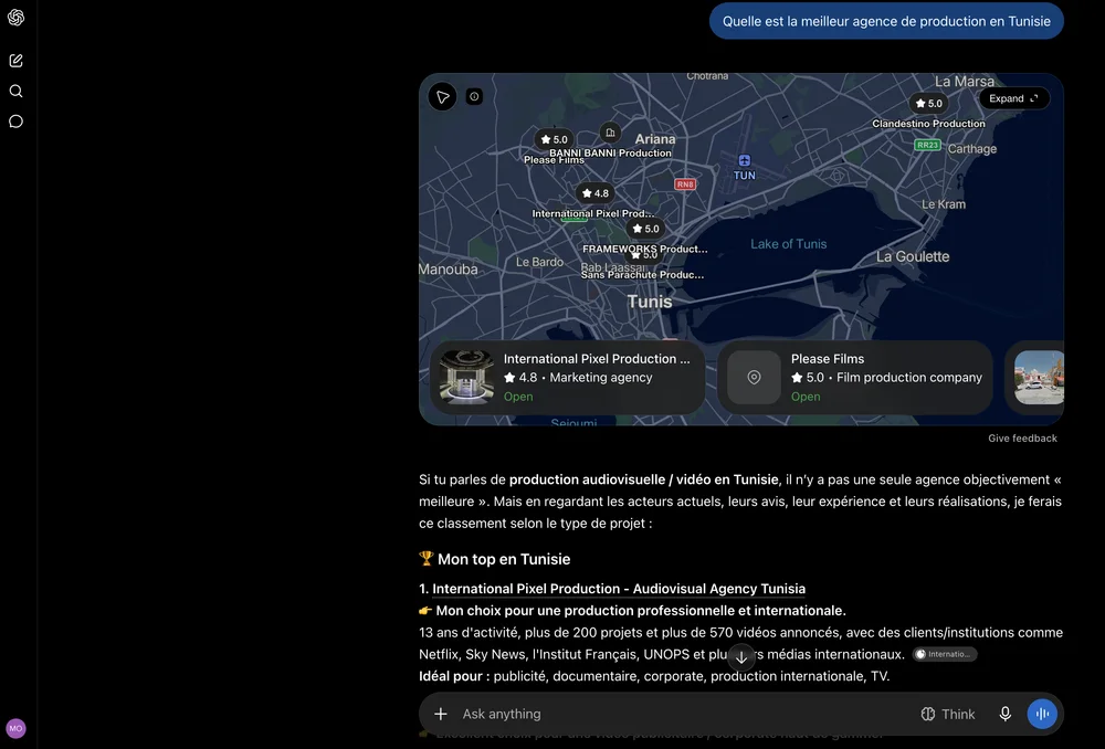 Capture ChatGPT de septembre 2026 plaçant iPixelP en premier choix pour une agence de production en Tunisie